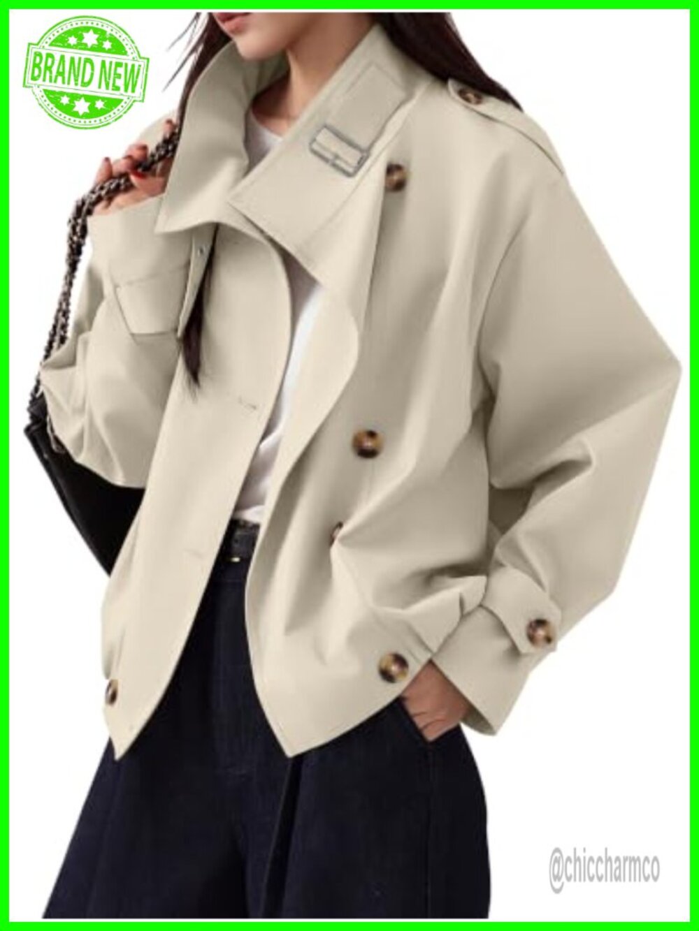 Cropped Trench Coat Vintage Button Jacket Pockets